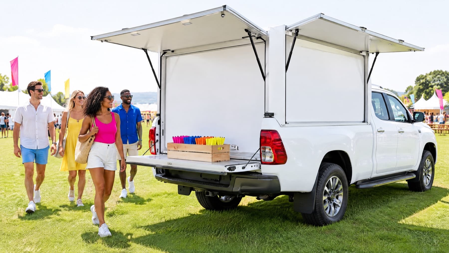 The bakkie parked on a festival lawn with its canopy sides lifted into blank white walls