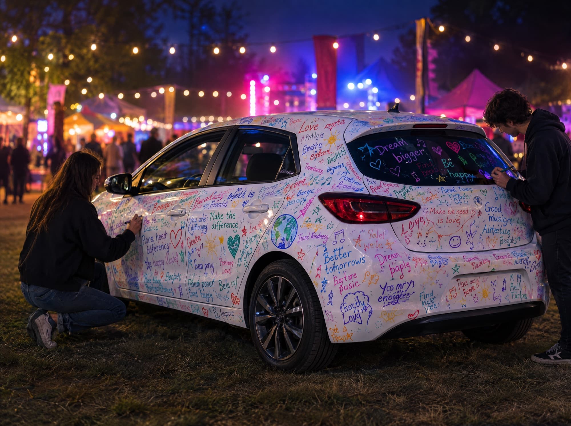 A hatchback wrapped in white and covered in handwritten wishes, with two people writing on it