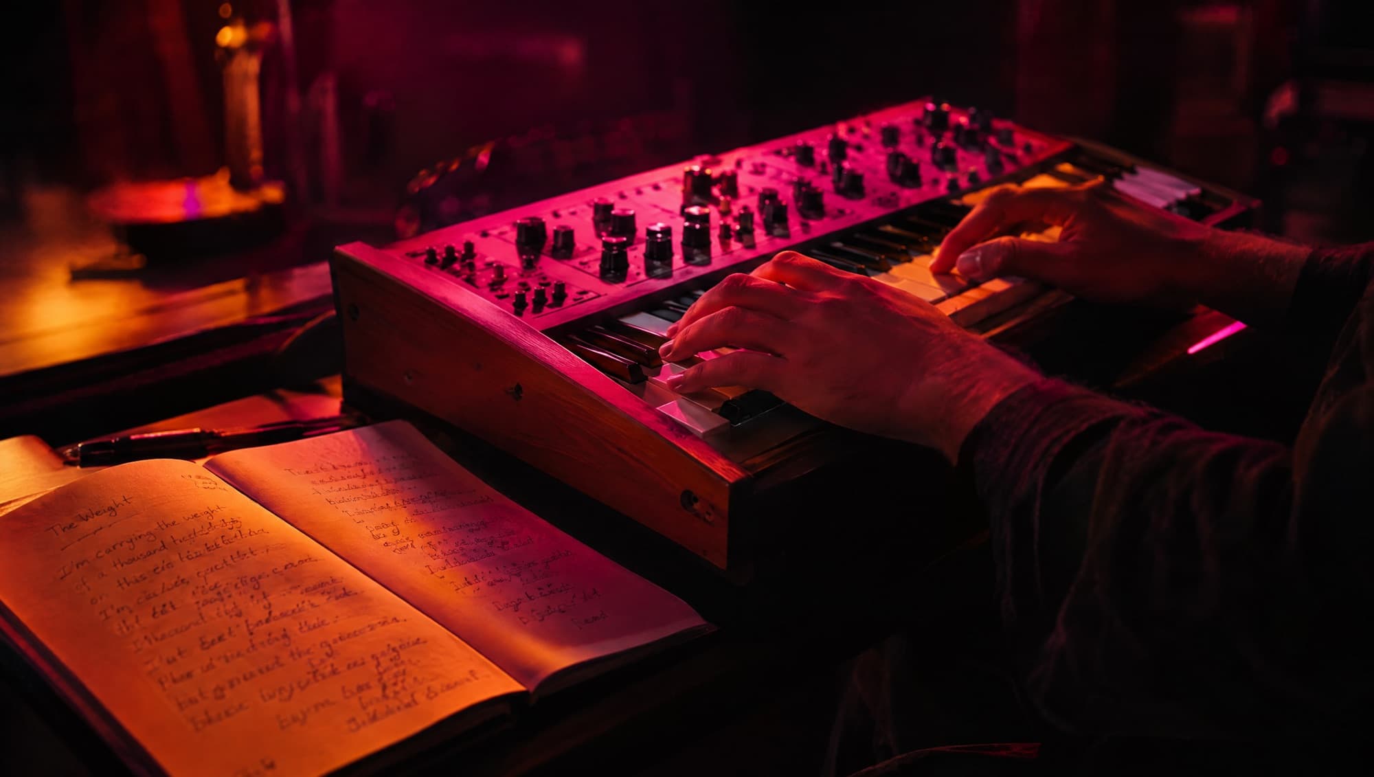 Hands playing a synthesizer beside a notebook of handwritten lyrics