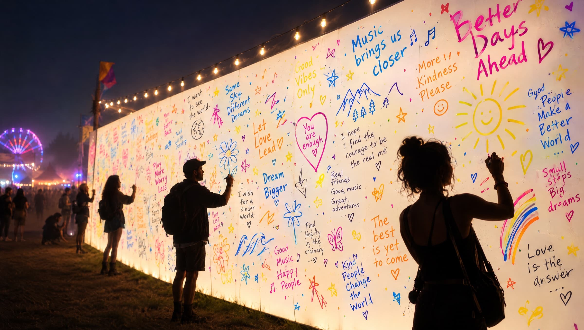 People writing on a long lit wall covered in colourful handwriting at a night festival