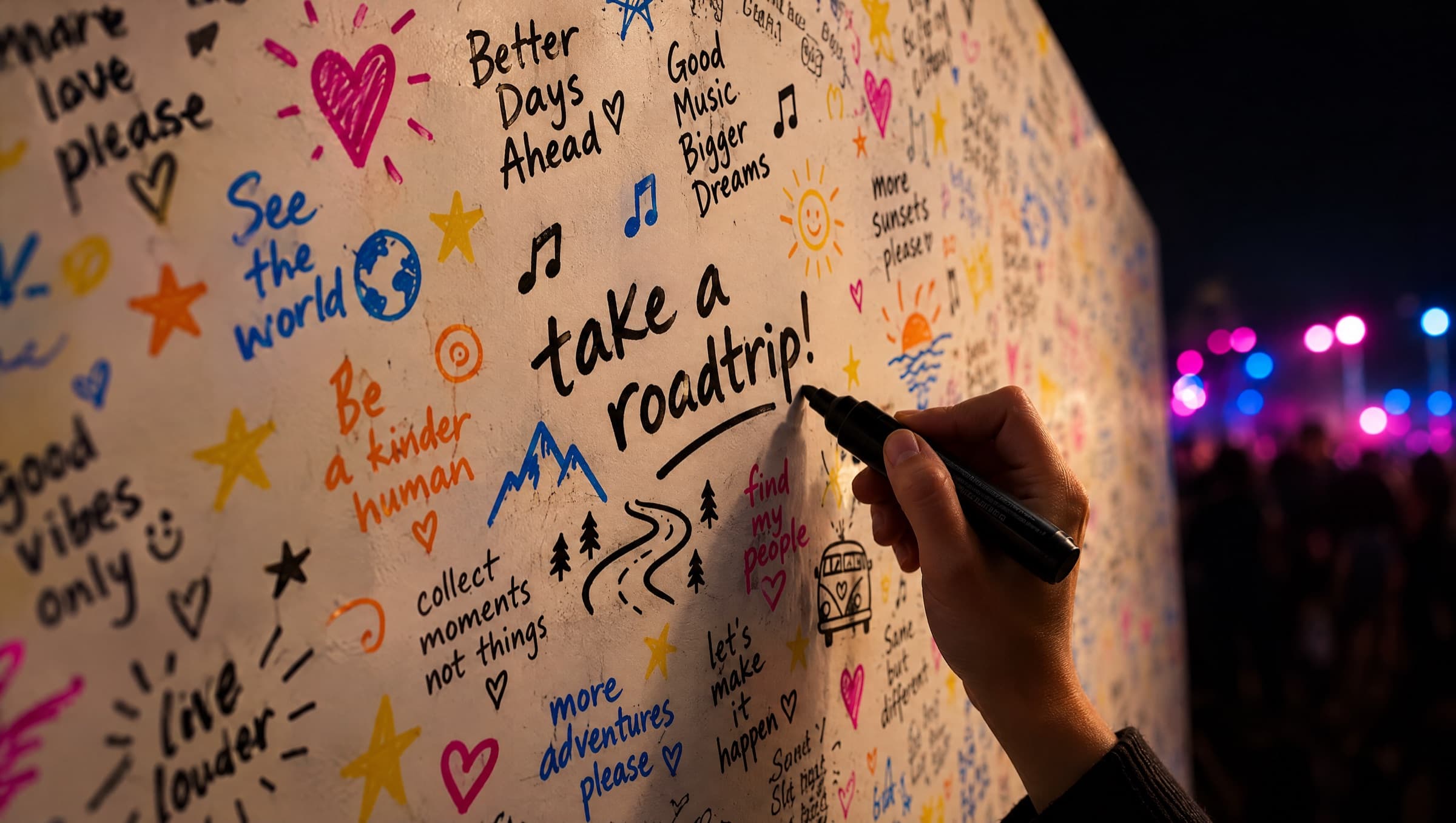 A hand writing 'take a roadtrip!' in marker on a wall covered in handwriting