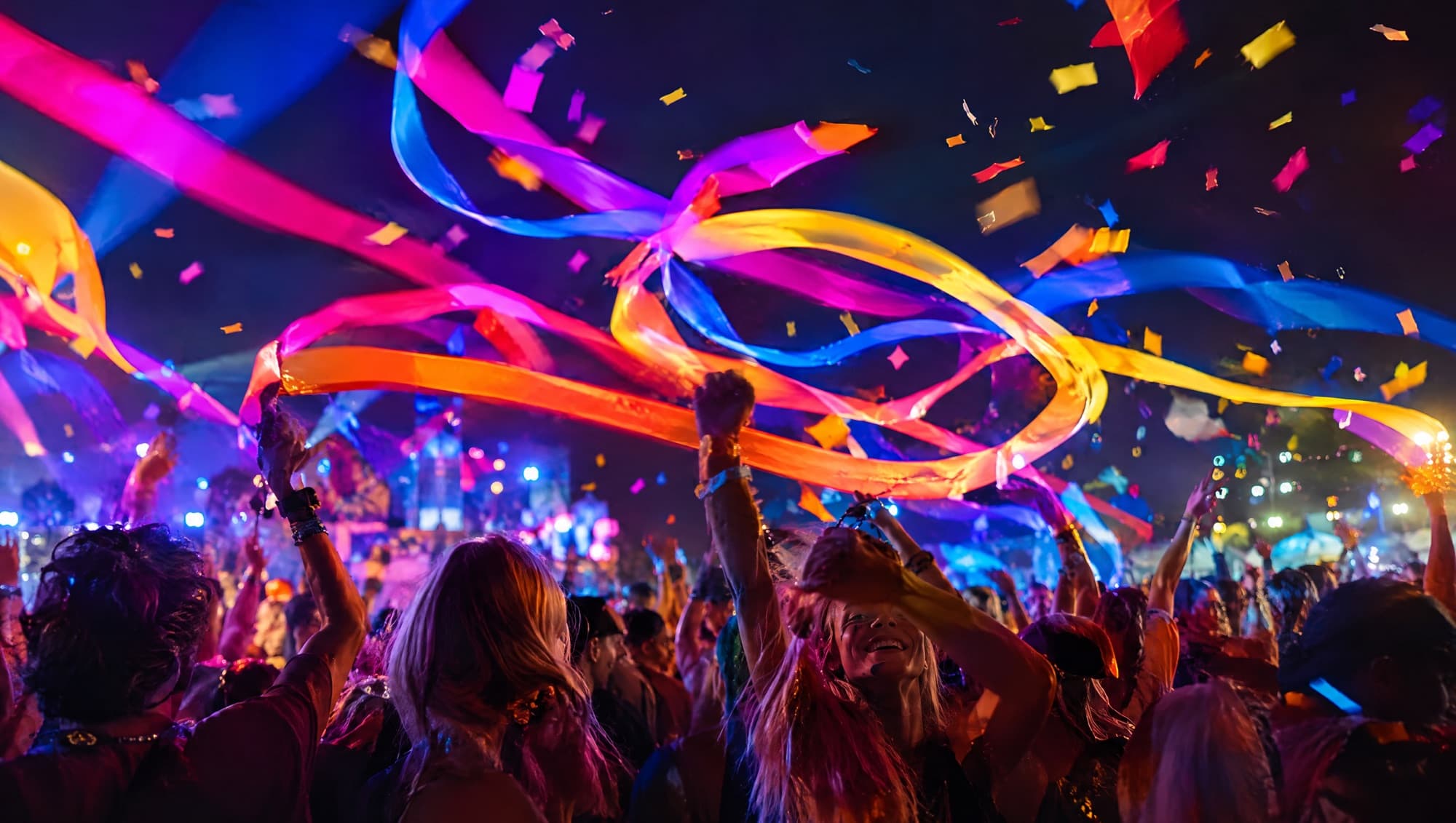 A crowd at a night festival dancing under ribbons of coloured light